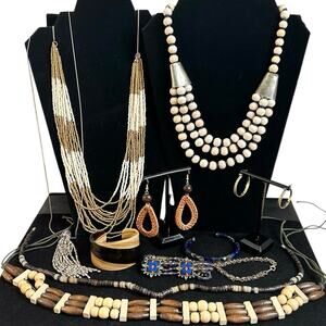 Earth Tones Brown Cream Blue Tones Boho Mixed Jewelry Lot